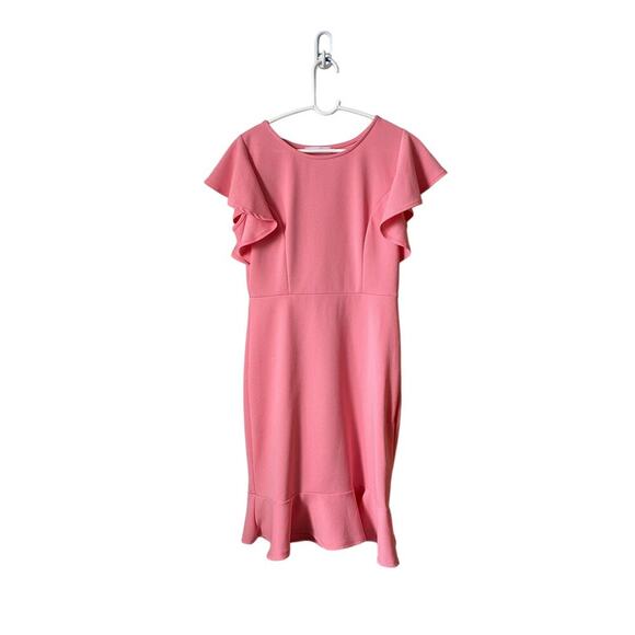 Ruffle Sleeved Knee Length Pink Modest Dress - Picture 5 of 5